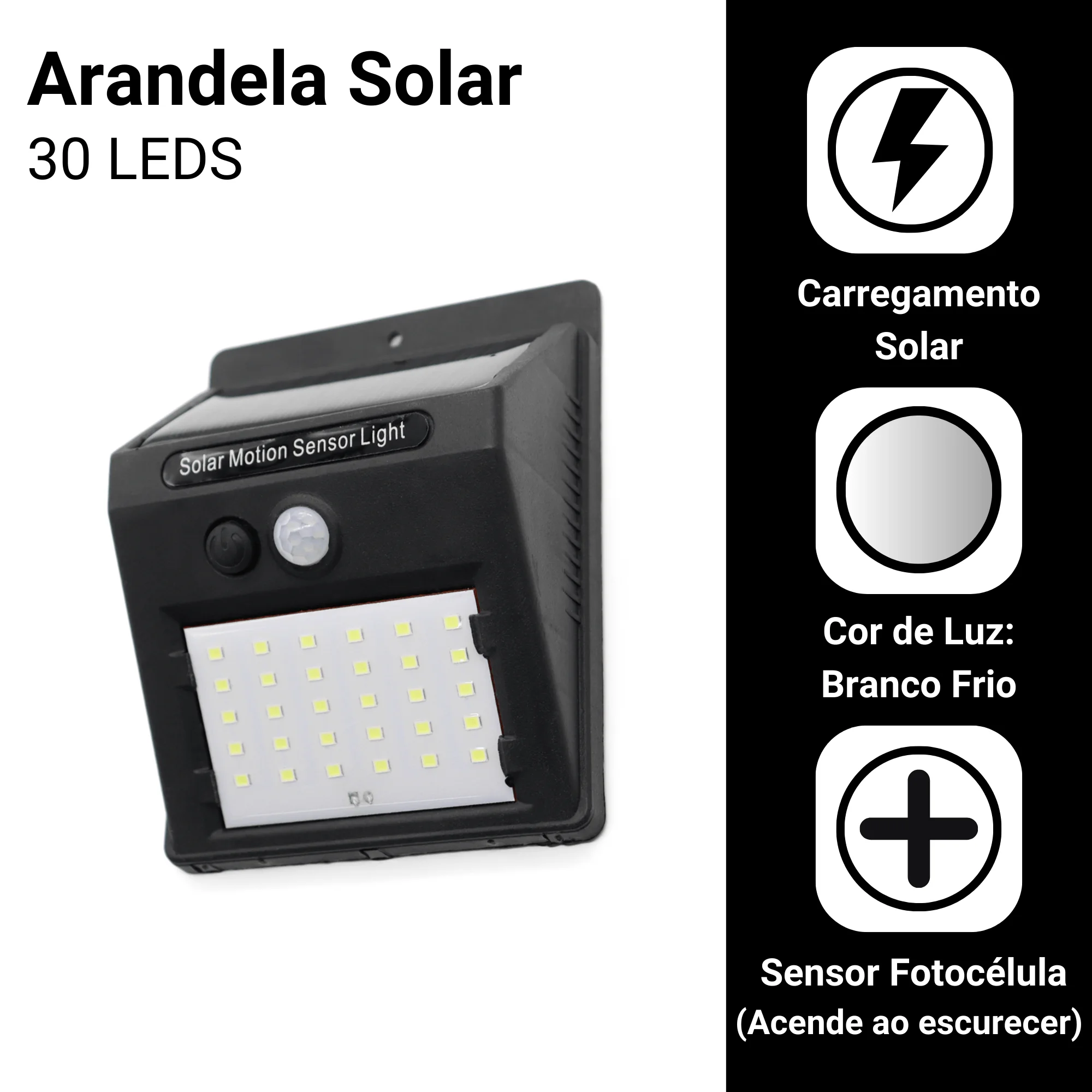 Luminária Solar com Sensor de Presença 30 LEDs para Área Externa - Imagem 3